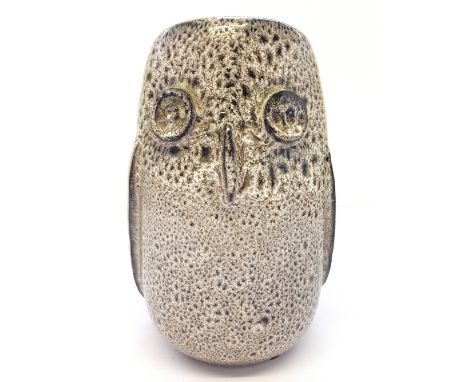 A Poole Pottery Guy Sydenham glazed lamp base, modelled as a Stylised Owl in tones of mottled brown (6.75 inches).