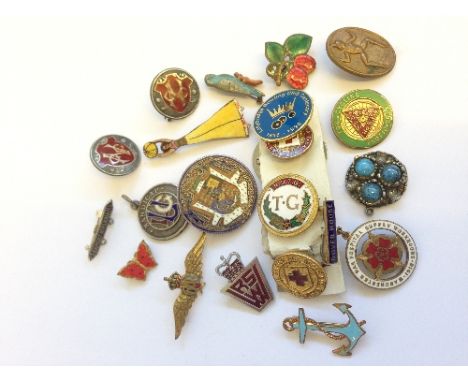A collection of various badges including Townswomen Guild and an enamel Florin.