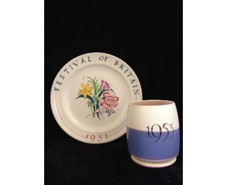 A Poole Pottery 1951 Festival of Britain plate, decorated in the FOV pattern to centre well (7.5 inches) together with a 1953