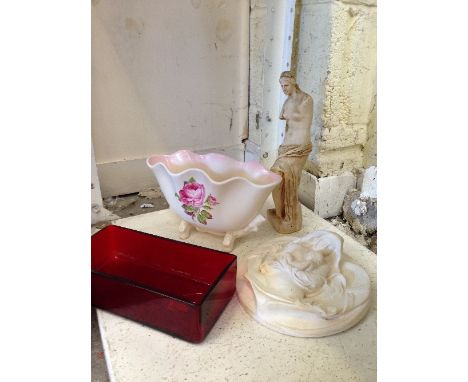 A Sylvac china posy bowl together with a red glass rectangular shape bowl, plaster plaque modelled as a Madonna and Child and