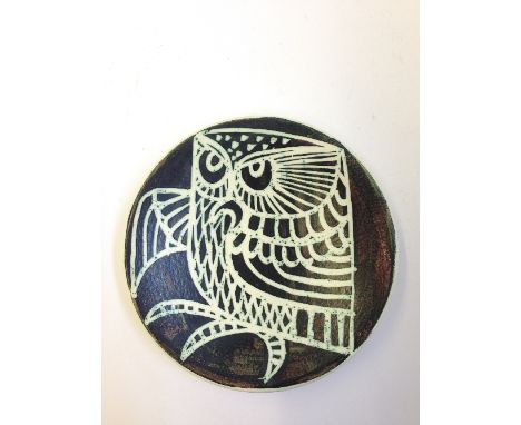 A Poole Pottery Studio pin dish, Shape 49, decorated in matt tones with the image of an owl, TV backstamp.