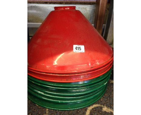 Nine painted metal coolie hat light shades.