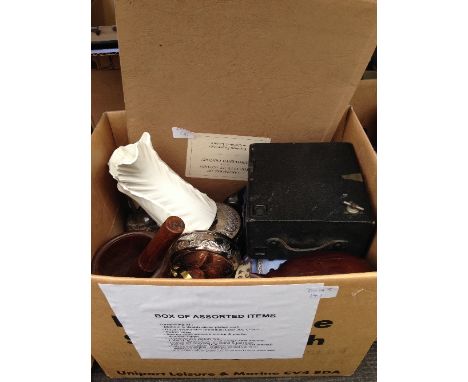 A box of bric-a-brac including a Royal Worcester white glazed leaf jug, boxed camera and other items together with a folio of