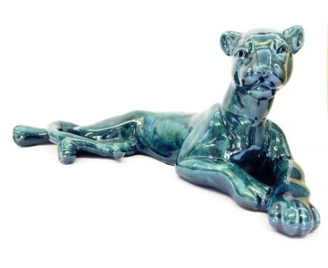 A large Poole Zone blue glazed model of a Jaguar, produced by Animal Blues for the Survival Range.