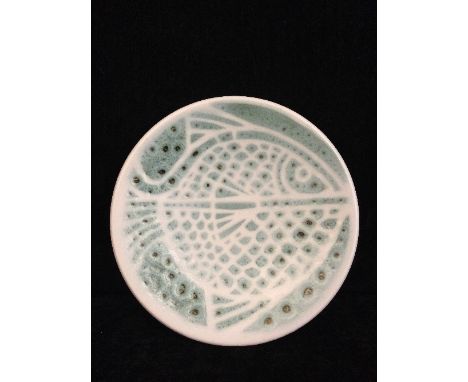 A Poole Pottery Studio pin dish, Shape 49, decorated in pale green tones on white ground with the image of a fish, TV backsta