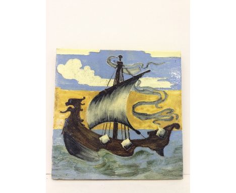 A rare Poole Pottery Carter's Tiles tile decorated in slip trailed faience with a galleon with single sail at sea in the mann