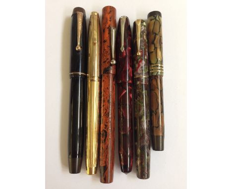 Six various vintage fountain pens including Conway Stewart, Parker shell pattern, Swan in multi coloured mottled case, Sheaff