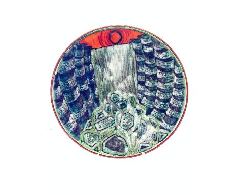 A Poole Pottery Living Glaze charger by Tony Morris, decorated with an image of a Waterfall under a red sun in tones of orang