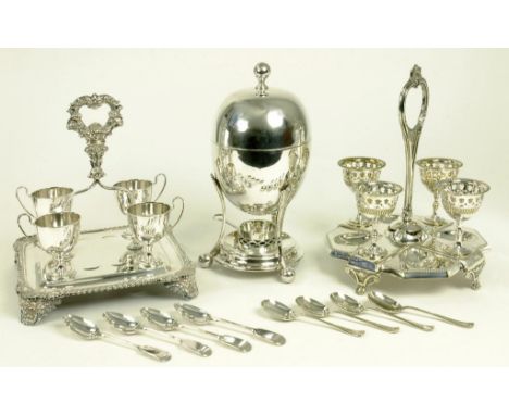 A VICTORIAN EPNS GADROONED EGG FRAME WITH FOUR EGG CUPS AND A SET OF SPOONS AND A SIMILAR CUT CORNERED EXAMPLE WITH PIERCED E