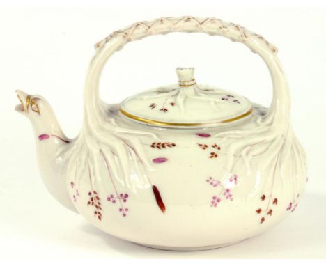 A BELLEEK GRASS KETTLE AND COVER, 15CM H, FIRST PERIOD BLACK PRINTED MARK, 1863-90