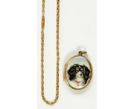 A LATE VICTORIAN GOLD PLATED AND ENAMEL LOCKET, PAINTED WITH THE HEAD OF A SPANIEL AND A GOLD  NECKLET, MARKED 9CT, 5.2G