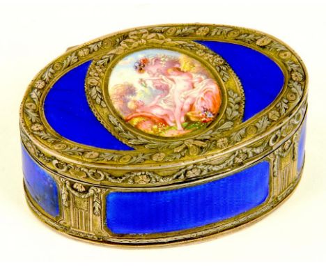 A FRENCH SILVER GILT AND ENAMEL OVAL SNUFF BOX IN LOUIS XVI STYLE, 8CM W, MAKER'S AND BOAR'S HEAD CONTROL MARKS, LATE 19TH/EA