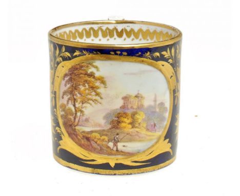 A DERBY COBALT GROUND COFFEE CAN, C1820 painted with an oval landscape panel,  wishbone handle, 6.5cm h, painted mark and tit