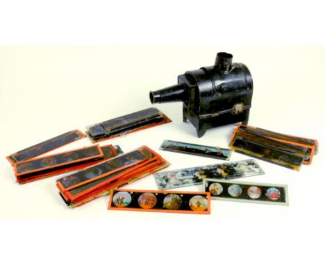AN EARLY 20TH CENTURY TINPLATE MAGIC LANTERN, 16CM H AND A QUANTITY OF CONTEMPORARY GLASS SLIDES 