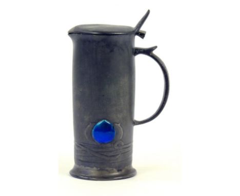 A LIBERTY & CO TUDRIC PEWTER AND ENAMEL FLAGON DESIGNED BY ARCHIBOLD KNOX, 20CM H, STAMPED TUDRIC 0280 RD421108, CIRCA 1905
