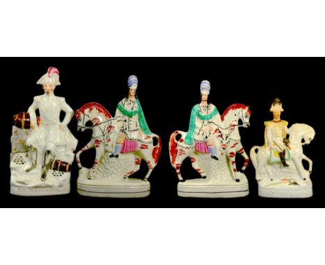 A PAIR OF STAFFORDSHIRE FLATBACK EQUESTRIAN FIGURES AND TWO CONTEMPORARY PORTRAIT FIGURES OF MACMAHON AND THE EMPEROR NAPOLEO