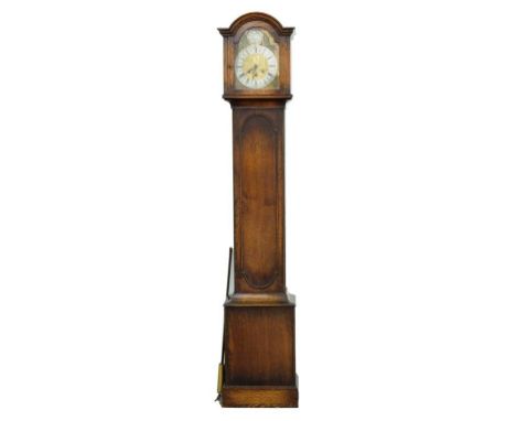 AN OAK DWARF LONGCASE CLOCK WITH BRASS DIAL AND THREE TRAIN MOVEMENT CHIMING ON ROD GONGS