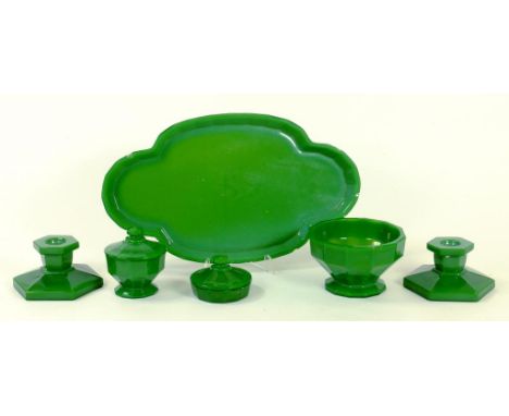 A 1930'S JADE GREEN GLASS DRESSING TABLE SET, TRAY 34CM W