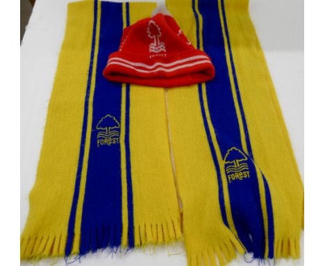 Two vintage Nottingham Forest Football Club scarves and a vintage bobble hat 