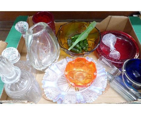 A collection of glassware, including ruby 'bubble' dish, bark design vase, etched decanter, two other decanters, amber colour