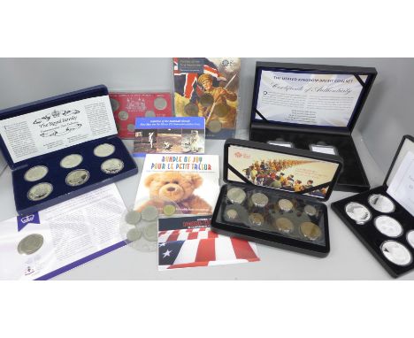 Coins; four Royal Mint sets, First World War Circulating Coinage Set, Second World War Coinage and Medal Set, Pennies of the 