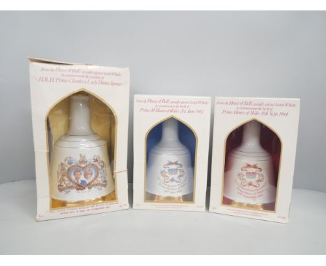 Three Bell's Scotch Whisky decanters, commemorating Wedding of Prince Charles and Lady Diana, births of Prince William and Pr
