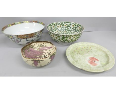 A collection of Chinese pottery including a 1980s bowl decorated in green and a Hong Kong Rooster bowl, small bowl chipped