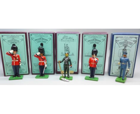 Five William Britain collectors club figures, 3x Scots Guards, RAF and Gurkha Truncheon Jemadar, boxed