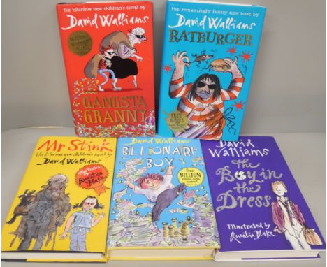 Five First Edition hardback books by David Walliams, The Boy in the Dress, 2008, Mr Stink, 2009, Billionaire Boy, 2010, Gangs