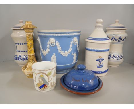 A collection of ceramics including a Wedgwood Jasperware planter, three Mexican blue and white lidded jars, an oriental vase,