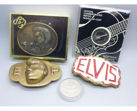 Elvis Presley; three buckles and two coins 