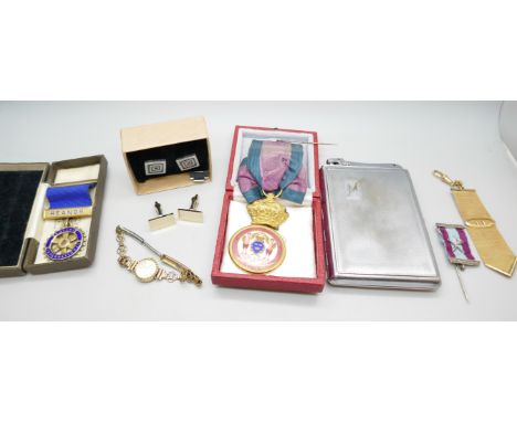 A lady's 9ct gold cased Sekonda wristwatch with plated strap, a silver Rotary Club medal, one other medallion, cigarette case