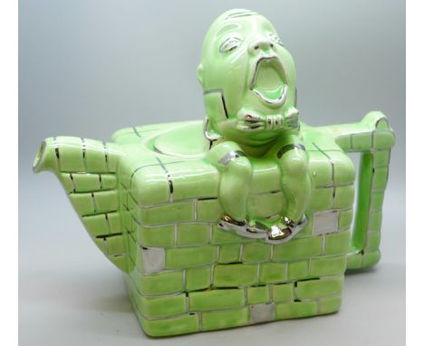 A Humpty Dumpty teapot, green and silver, Lingard Webster
