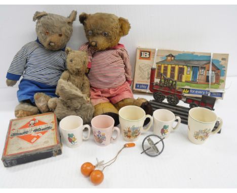 A Britains Riding Stable, a Monopoly game, vintage Teddy Bears and other soft toys, a set of 1970s clackers, a cast metal loc