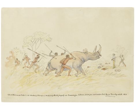 Thomas Baines (1820-1875)Black Rhinoceros at Samarinja signed in pencil 'T Baines' (lower right), inscribed 'Black Rhinocerus