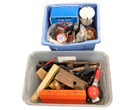 Two crates containing Swan enamel pans, tools, planes etc.