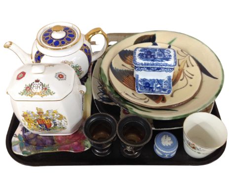 A tray containing china, pottery, Ringtons teapot, coronation commemorative caddy.