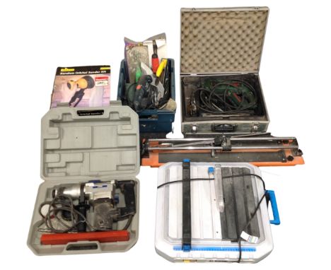 A quantity of tools including tile cutter, sander, drill etc. (AF)