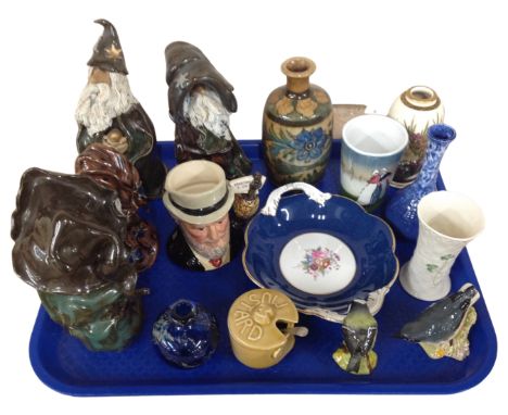 A tray of ornaments, satsuma vase, Lancastrian pottery vase, Belleek vase, Beswick birds etc.