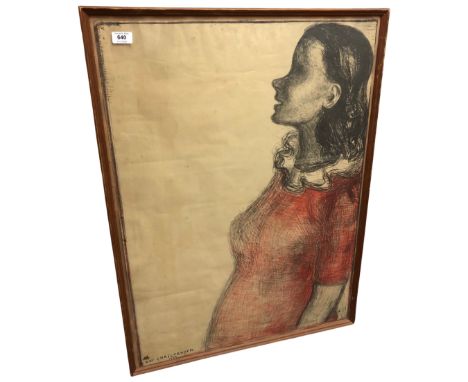 K. Christensen : Portrait of a lady in a red dress, crayon drawing, 63cm by 86cm.