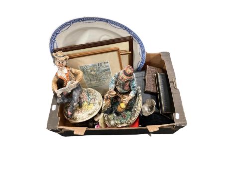 A box of cased cutlery, a pair of Capodimonte figures, prints, a meat plate.