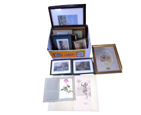 A box of pictures and prints, antique engravings, military figures on horseback etc.