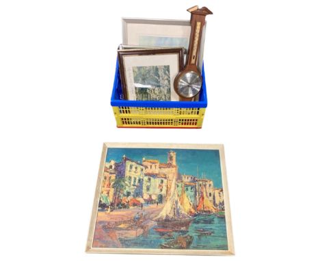 A quantity of pictures and prints, a wooden barometer and a metal case.
