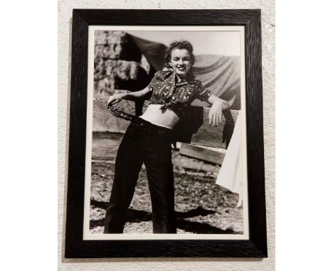 After photographer Andre De Dienes - Marilyn Monroe patterned shirt and black shirt 1945, 14.75x10.75 inches, mounted and fra