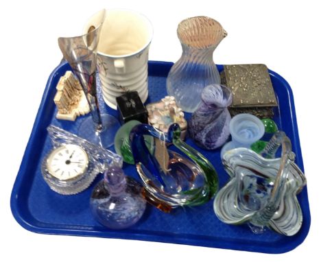 A collection of coloured studio glass items, Crown Ducal vase, glass clock, trinket box, ornaments, etc. (15)