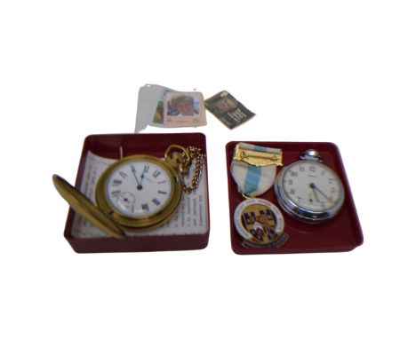 A reproduction pocketwatch by Timex together with a Smiths chrome plated pocketwatch and a Masonic badge on ribbon.