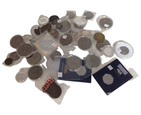 A collection of coins to include Jubilee crowns, commemorative 50 pence coins, First World War medal, other commemorative iss