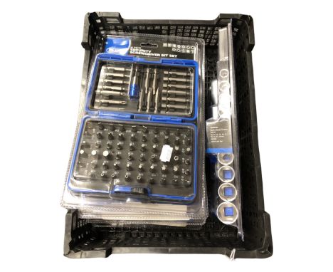 A crate containing four Draper security screwdriver bit sets and a further Draper socket set.