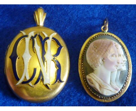 A 19th Century oval Pinchbeck Pendant Locket bearing the enamel monogram CNR, together with one other similar sized Cameo Bro