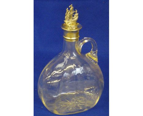 An early 20th Century clear glass "ribbed" onion form Flask having hallmarked silver collar (marks rubbed, possibly Birmingha